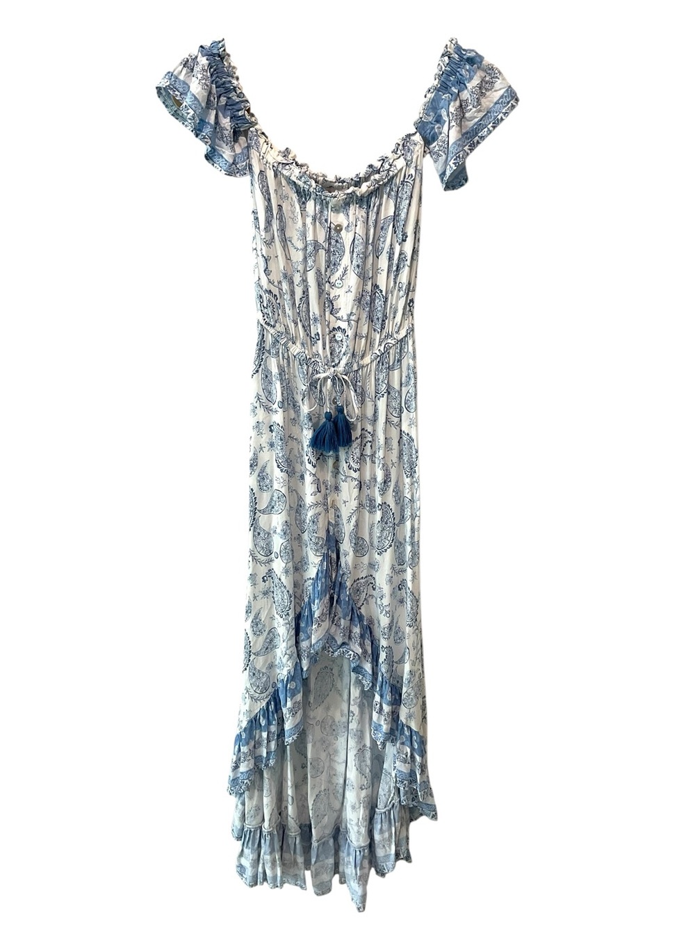 Boho Hi Low Maxi Dress Blue White Floral Ruffle Small Cottagecore - Picture 2 of 9